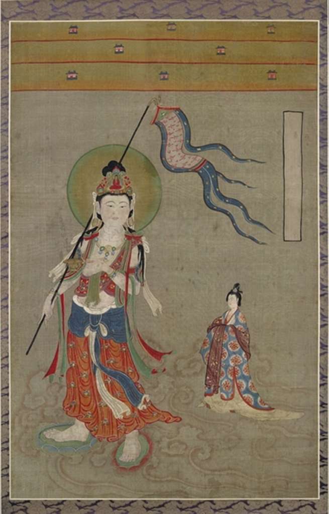 British Museum Top 20 Buddhism 04-2 Dunhuang Avalokiteshvara as Guide of Souls 4-2. Avalokiteshvara as Guide of Souls - Cave 17 Dunhuang China, 10C AD. The figure of the Buddha Amitabha in the headdress clearly identifies this figure as Avalokiteshvara, the bodhisattva of compassion. He is leading the soul of a female devotee to the halls of paradise, depicted at the top of the painting by three bands each with tiny buildings. Both Avalokiteshvara and his follower are supported on clouds. He holds a censer in his left hand, while in his right hand he holds a long hooked staff from which a banner is suspended. The streamers are adorned with small diamonds of gold and the main panel of the banner simulates writing in red. The aristocratic lady who follows behind is drawn on a smaller scale. She wears a splendid coat with decorative roundels, a common feature of textiles from the late Tang dynasty. This can be seen on the patches of kasaya, Buddhist monastic robes. Photo: http://www.britishmuseum.org.